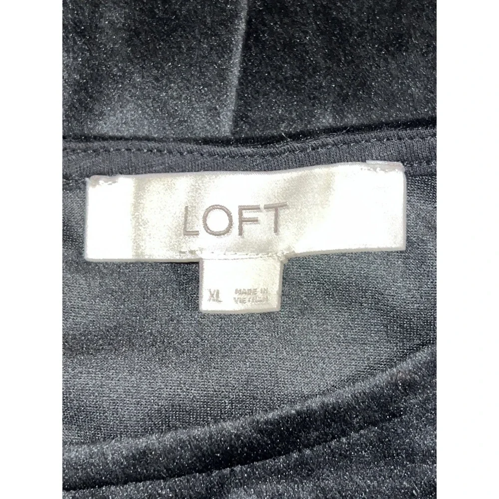 LOFT Womens Black Velvet Puff Sleeve Boat Neck Top XL Keyhole Back Blouse